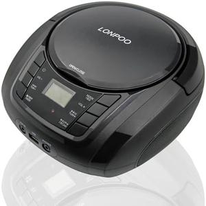 LONPOO Portable Boombox - CD Player, Bluetooth, USB, MP3, AUX, FM Radio, Portable, Built-in Stereo Speakers, Carrying Handle, LCD Display, Black