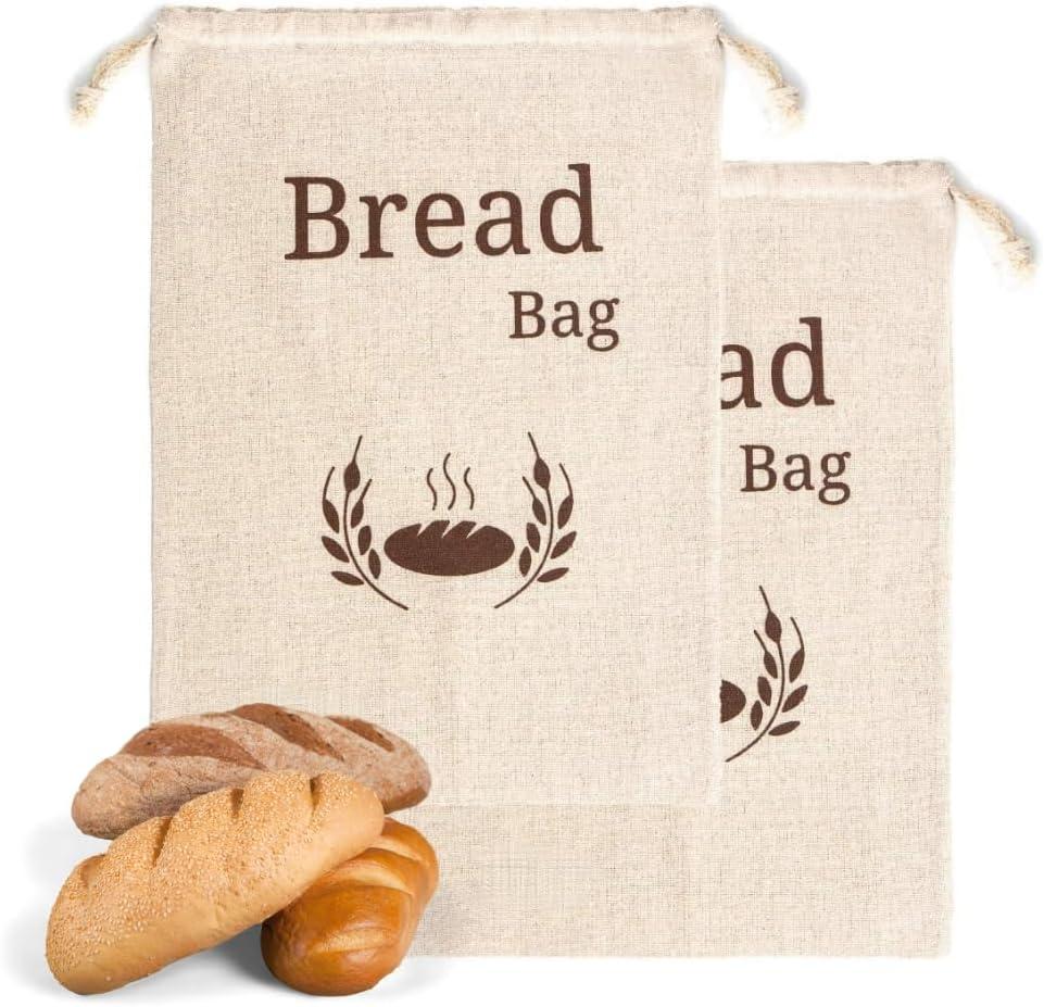 New Living Organic Linen Cotton Bread Bags 2 Pack | Extra Large 44x35 cm | Reusable Bread Storage Bags