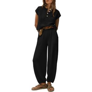PRETTYGARDEN Womens Two Piece Outfits Sweater Sets Knit Pullover Tops And High Waisted Pants Matching Tracksuit Sweatsuit Set (Button Black,Large)