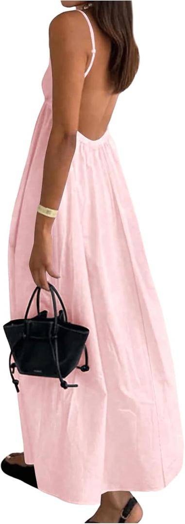 SOLY HUX Women's Summer Dress Backless V Neck Spaghetti Strap Loose Flowy Midi Cami Dresses (Medium, Solid Light Pink)
