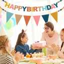 Oudain 2 Pack Pre-strung Felt Happy Birthday Banner Party Decorations Reusable Boho 3D Pom Pom Ball Garland Triangle Flag Birthday Pennant Sign for Adult Boy Girl Photo Prop Backdrop(Rainbow)