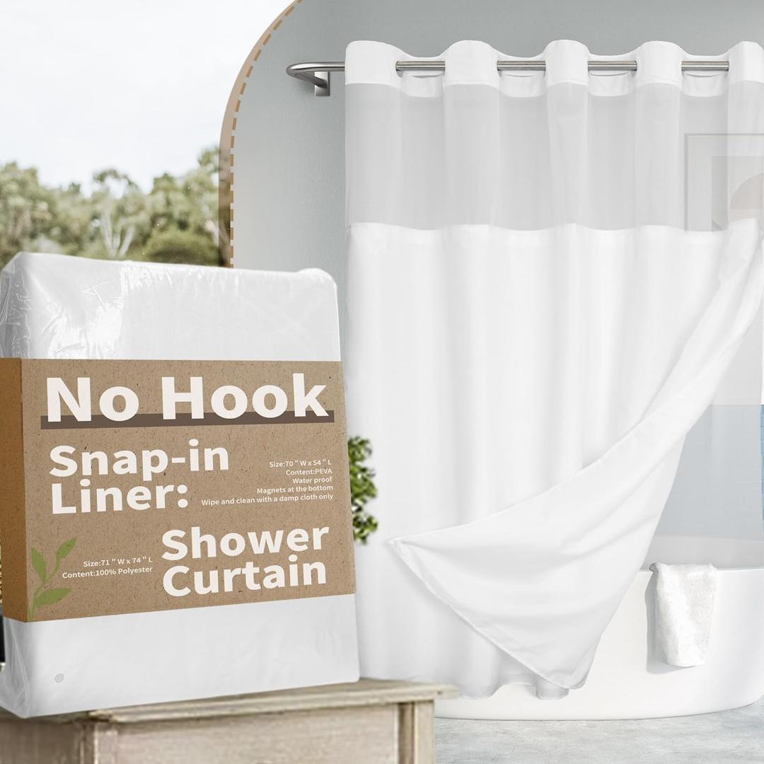 No Hook Slub Textured Shower Curtain with Snap-in PEVA Liner Set - 71" x 74"(72"), Hotel Style with See Through Top Window, Fabric Outer Curtain & Waterproof Inner Liner, White, 71x74 (71"W x 74"L (Pack of 1))