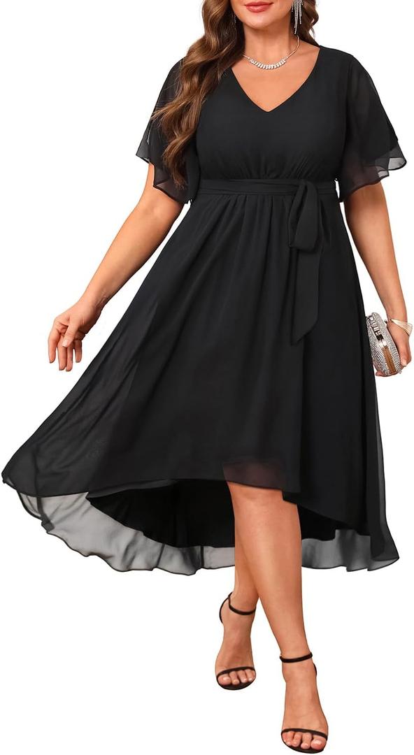 Plus Size Dresses Wedding Guest - Formal Cocktail Chiffon V Neck Short Sleeve High Low Dress Curvy Women (Black) 20W