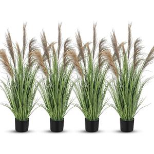 Jexine 4 Pcs Pampas Grass Potted Plants 4 ft Tall Artificial Grass Potted Artificial Greenery Floor Plants Tall in Pot for Housewarming Gift House Garden Bathroom Lobby Outdoor Decoration (Greeny)