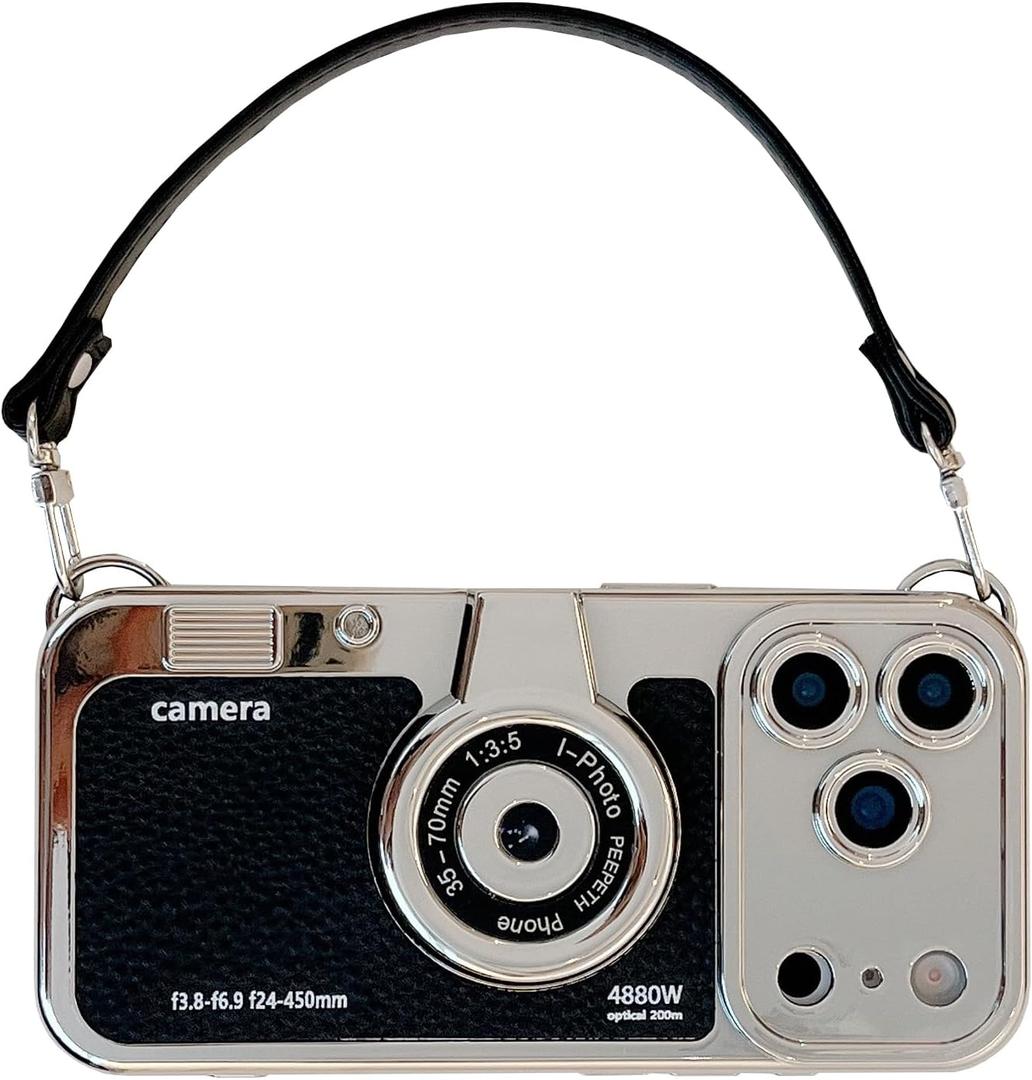 3D Vintage Camera Phone Case with Hand Strap - Unique Cool Silicone PC Shockproof Crossbody Protective Case for iPhone 17 Pro Max-Black