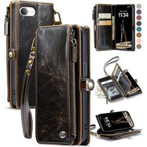 Defencase for iPhone 16E Case Wallet with RFID Blocking Card Holder Slots for Women Men, Elegant PU Leather Magnetic Snap Flip Wristlet Strap Zipper Wallet Phone Cases for iPhone 16e 2025, Coffee