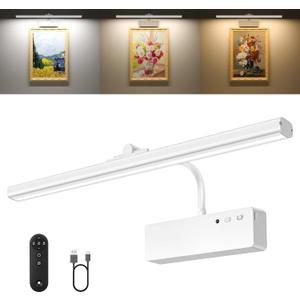 Picture Light, 15.35inch Wireless Picture Lights for Wall Rechargeable, 5400mAh Battery Wall Light with Remote, 3 Color Art Lighting for Paintings with Timer and Dimmable for Display, Gallery (White)