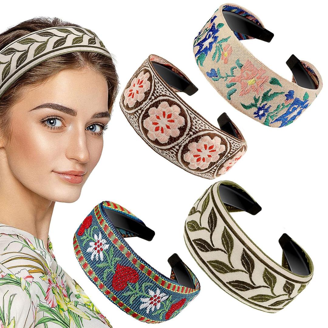 EBOOT 4 Pieces Boho Headband for Women Embroidery Wide Hair Band Bohemia Floral Knotted Wide Headbands Vintage Ethnic Style Girls Accessories(Delicate Pattern)