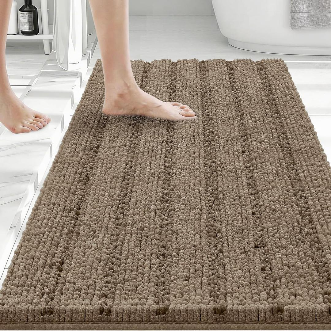 Bcoimo 36"24" Chenille Bath Mat  Non-Slip with Backing Bath Rug Ultra-Absorbent and Machine Washable Bathroom Mat Quick-Dry Design. Ideal for Bathroom and Tub Areas (Khaki)