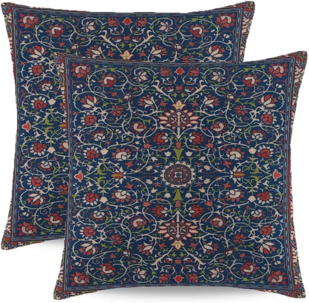 Vintage Navy Blue Floral Pillow Covers 16X16 Inch Set of 2 Boho Ethnic Carpet Pattern Decorative Throw Pillow Case Square Linen Red Art Decor Cushion Cover for Home Couch Sofa Bedroom