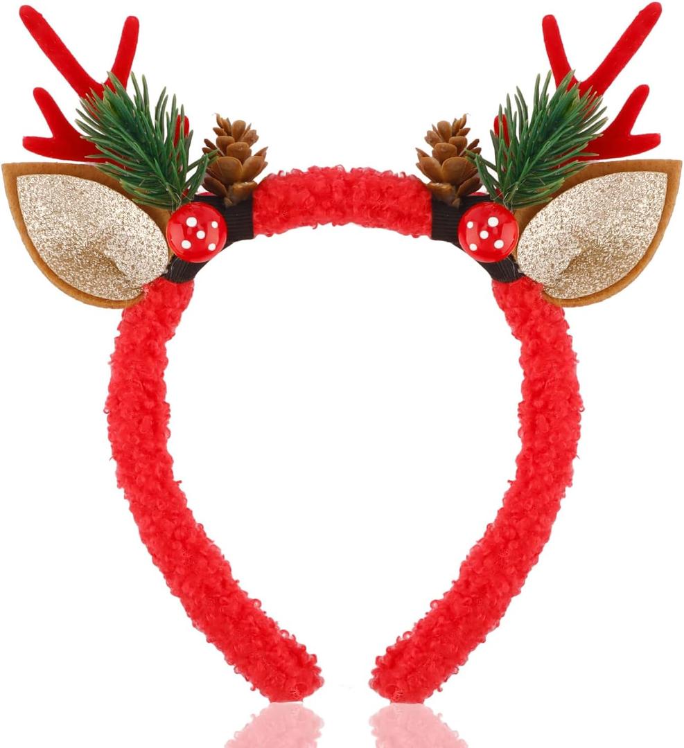 Atoden Deer Antlers Headband Realistic Reindeer Hair Bands Fawn Ears Headpiece Christmas Halloween Accessories Women Girls (Red)