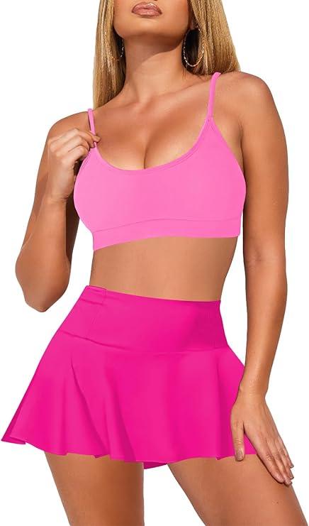 Pink Queen Women's High Waisted Bikini Set Two Piece Swimsuit Scoop Neck Spaghetti Straps Swim Skirt Bathing Suit (Medium, Purple)