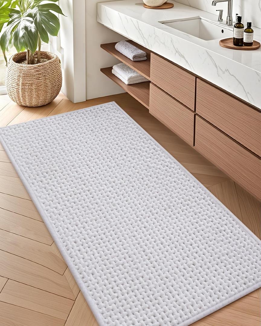 Color&Geometry Rubber Backed Waffle Bath Mat 60x24, Non Slip Machine Washable Bathroom Rugs, Soft Absorbent Chenille Boho Carpet for Bathroom Floor, Tub and Shower, White
