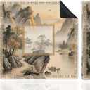 Chinoiserie Mahjong Mat for Table, Traditional Asian Chinese Pavilion Mountain Landscape 31.5" x 31.5" Non-Slip & Noise Reduction Mahjong Mat for Poker Dominoes Cards & Board Games