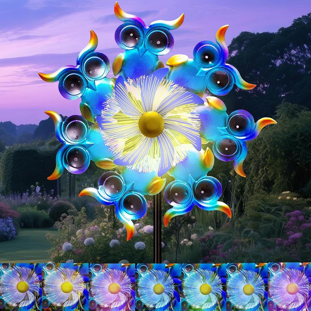 Solar Owls Wind Spinners for Yard and Garden,51 Inch Solar Windmill Seven Color LED Light Whirligig Kinetic Spinner to Scare Birds Decor for Lawn, Patio,Owl Gift Metal Wind Outdoor Sculpture