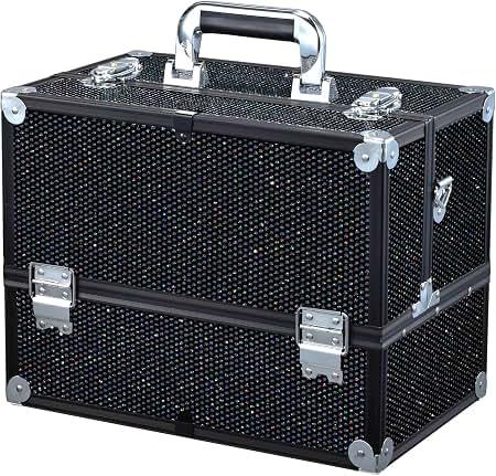 Joligrace Makeup Train Case Large 6 Tray Professional Organizer Box - Cosmetic Make Up Carrier with Lock & Key Carrying Strap for Studio Artist & Stylist Black Rhinestone