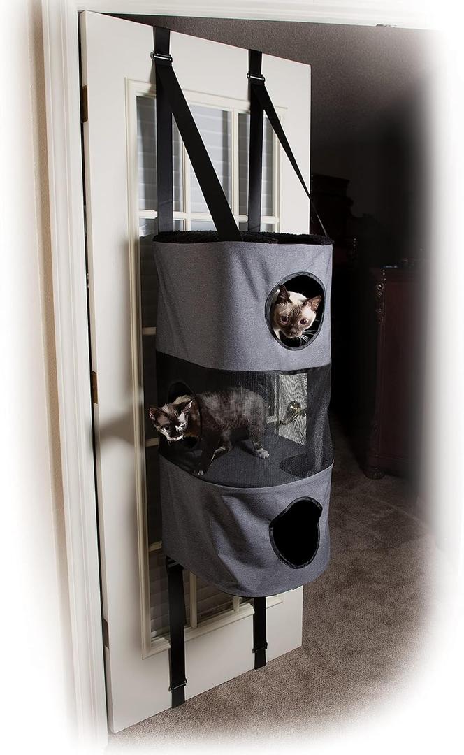 K&H Pet Products Hangin Cat Tree Condo 3 Level Door Mounted Cat Furniture, Space Saving, Mesh Level, Peep Holes, Interconnecting Levels, Collapsible, Tool-Free Assembly - Gray - Fits Doors <80in H 
