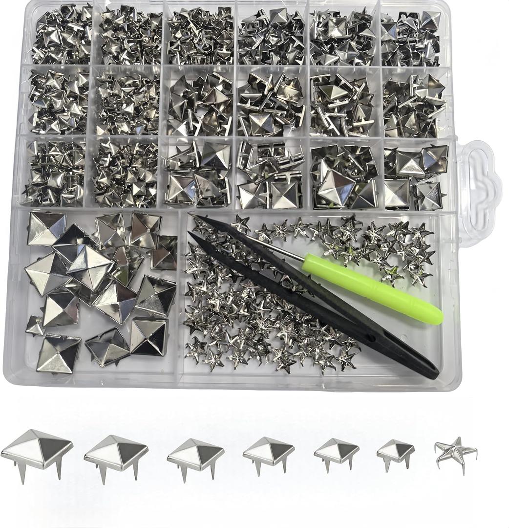 Uliche 820 Pcs Square Pyramid&Star Four-jaw Studs for Clothing,Punk Rivet Kit,Spikes and Studs for Leathercraft Accessories,DIY Craft Decoration for Punk Style Clothes Belts Bags Shoes Dog Collar