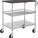 Finnhomy 3 Tier Heavy Duty Commercial Grade Utility Cart with Wood Top, Wire Rolling Cart with Handle Bar, Steel Service Cart with Wheels, Utility Shelf Food Storage Trolley, NSF Listed