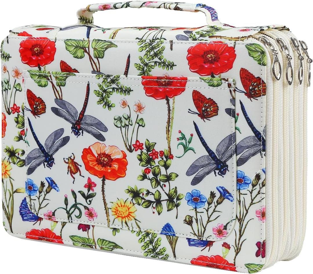 Lbxgap Colored Pencil Case- 200 Individual Slots Pencil Holder Pen Bag Large Capacity Pencil Organizer with Handle Strap Handy Colored Pencil Box with Printing Pattern (White)