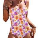 Ekouaer Women's One Piece Swimsuit Ruched Tummy Control Bathing Suits Vintage Retro Push Up Swimwear (Medium, Flower Pink Purple)