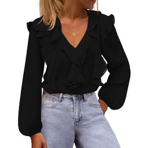 MEROKEETY Women's Fall Long Sleeve Ruffle Blouse Dressy Casual Top V Neck Trendy Business Work Shirts 2025, Black, Small