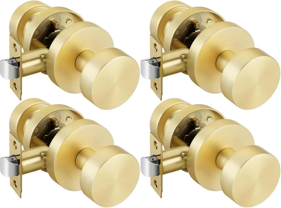 Goldenwarm Gold Door Knobs Passage, Zinc Alloy Keyless Brushed Gold Door Knobs Interior for Hallway & Closet & Living Room, Non-Locking Function, Adjustable & Reversible (4 Pack)
