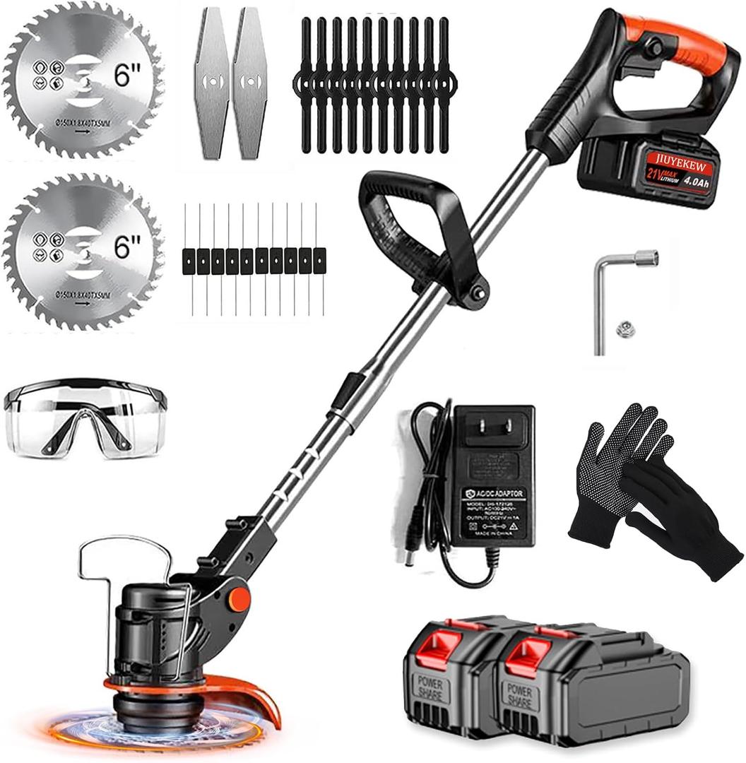 Weed Wacker Cordless, Electric Weed Eater & Lawn Edger - 21V Battery Powered Grass Trimmer 3-in-1 Stringless Grass Trimmer/Edger/Brush Cutter with 2×4.0Ah Batteries (Orange B)