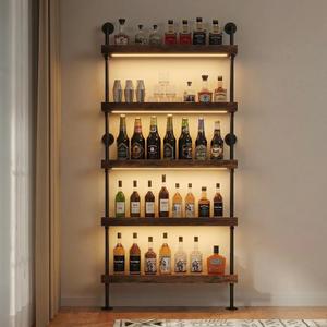 5-Tier Wall Mounted Wine Rack with LED, Industrial Pipe Bar Shelf for Wine Bottle Storage, Industrial Pipe Shelves Shelf Shelving for Home Bar Dining Room Kitchen (31.5INCH-LED), 31.5" W x 79" H