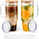 BGRAING Glass Cups with Lids and Straws 2 Pack 40 oz Glass Tumbler with Handle Large Glasses Tumbler with Straw and Lid, with Bamboo Lid & Plastic Lid, for Smoothie, Coffee, Juice, Tea