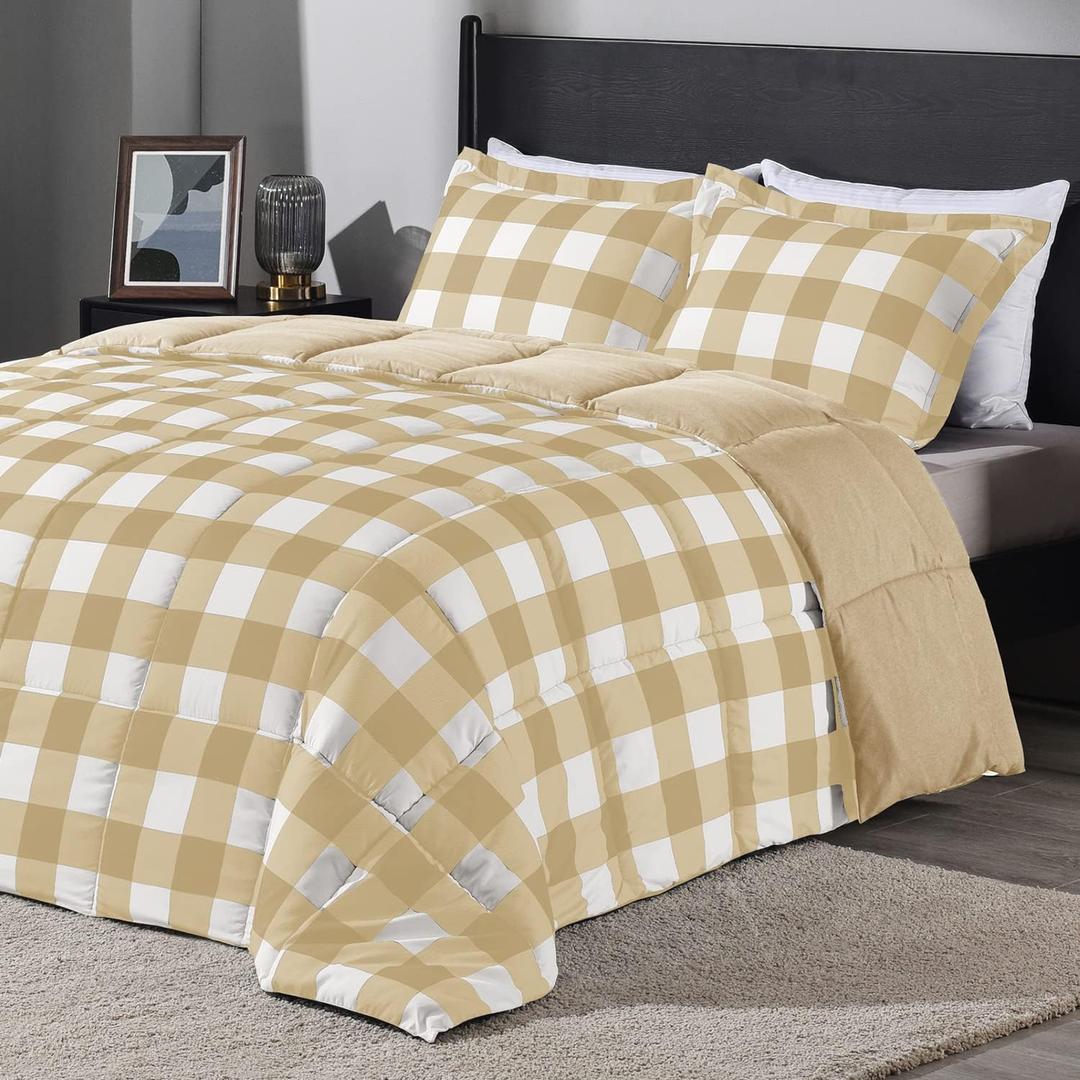 downluxe Lightweight Plaid Comforter Set (Queen) with 2 Pillow Sham - 3-Piece Set - Khaki/White Plaid - Down Alternative Reversible Comforter (Plaid Khaki/White)