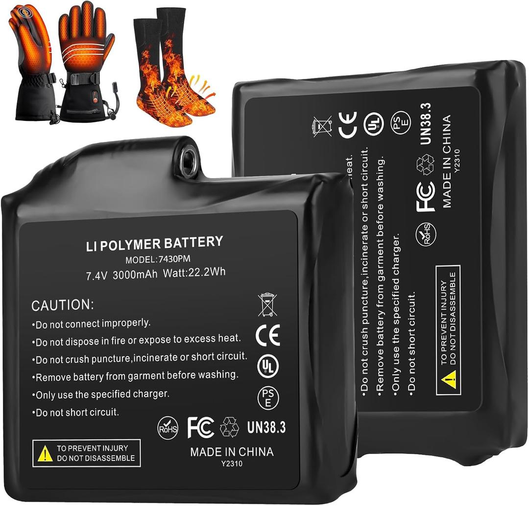 7.4V Battery Pack for Heated Gloves Socks, USB Charging Cable Rechargable Lithium Polymer Batteries for Heated Gloves Socks Hats Mittens Heating Pad (3000mah, 2)