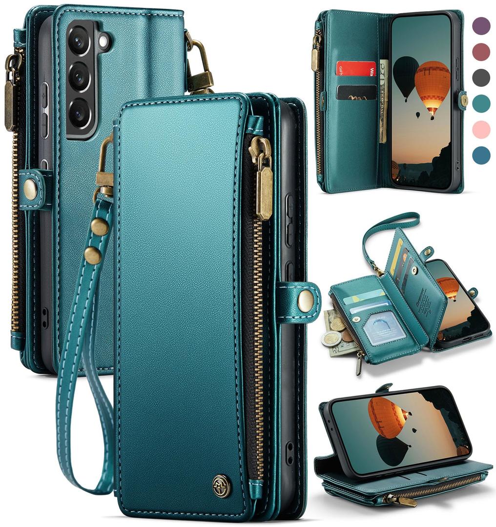 Defencase Compatible with Samsung Galaxy S21 5G Case Wallet with RFID Blocking Card Holder for Women Men, PU Leather Magnetic Snap Flip Zipper Strap Wallet Phone Case Fit for Galaxy S21 5G 6.2", Green