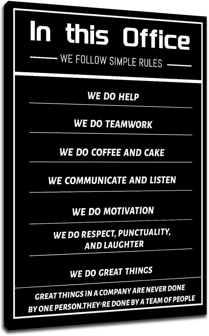 PSYYSP Large Office Rules Canvas Wall Art Framed Motivational Teamwork Quote Poster for Meeting Room Decor Modern Workplace Culture Wall Hanging Inspirational Employee Workspace Decor 36x24 Inch