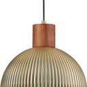 ELYONA Vintage Ash Wood Dome Pendant Light 12" Hanging Lamp with Brushed Brass Metal Shade & Gold Inner Finish, Modern Pendant Light Fixtures for Kitchen Island Dining Room Bedroom Living Room Hallway