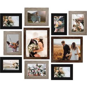 LUCKYLIFE Gallery Wall Frame Set, Picture Frames Collage 10-Pack for Wall or Tabletop with 8x10 5x7 4x6 Frames in 3 Different Finishes (Brown&Gray&Black)