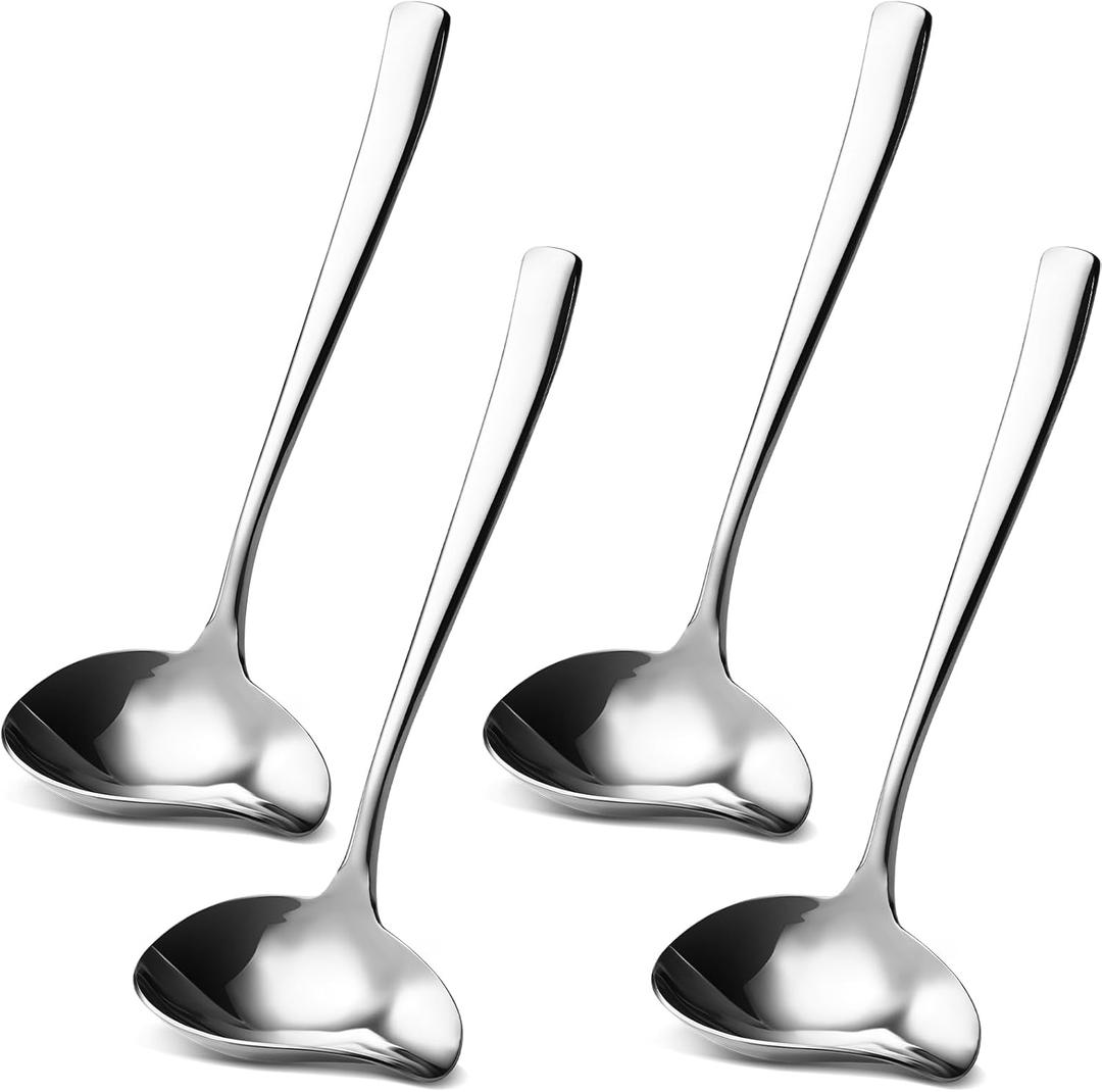 Mifoci 4 Pcs 7.3 Inch Stainless Steel Gravy Ladle with Spout, Small Sauce Drizzle Spoon for Serving Sauces Chocolates, Silver Serving Ladles for Kitchen