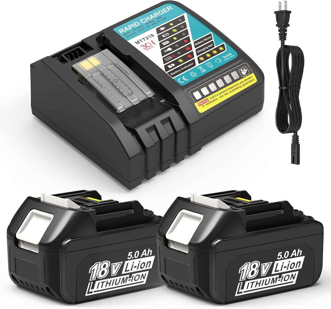 2 Packs 5.0Ah 18V Battery and Charger Replacement for Makita 18V Battery Li-ion BL1850B BL1830B BL1840B BL1860B BL1815B, Compatible with Makita Charger and Power Tools