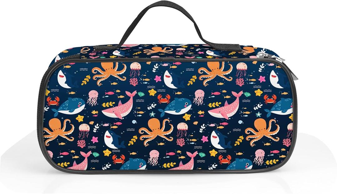 Sea Animal Pencil Case, Underwater Marine Wildlife Animal Pencil Box for Kids Sea Pen Bag, Large Capacity Ocean Pen Pouch with Zipper Compartments for School Office (9.6 x 4.6 x 2.4in)