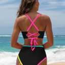popvil 2 Piece Swimsuit for Women Neon High Waisted Bikini Sets | Adjustable straps V Neck Bathing Suits;high cut swimwear; great for summer, beach&pool (Black, XL)
