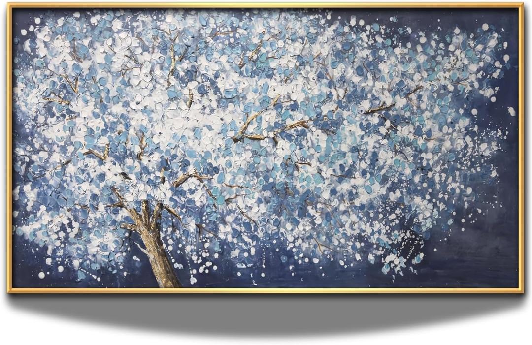 Large Tree of Life Abstract Canvas Wall Art, Blue and White Tall Trees Art Print for Living Room Bedroom Home Office Decor (Gold, 36W"x20L", Framed) (36L" x 20W")
