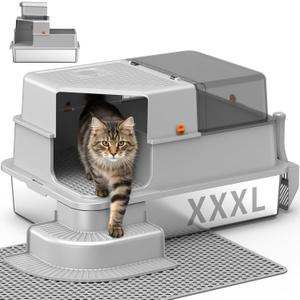Extra Large XXXL Stainless Steel Cat Litter Box with Lid, Light Gray