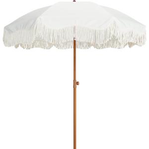 AMMSUN Boho Fringe Umbrella Outdoor Patio, 6.5ft UPF50+ Picnic Umbrella with Tassels with Steel Pole and Push Button Tilt, Antique White