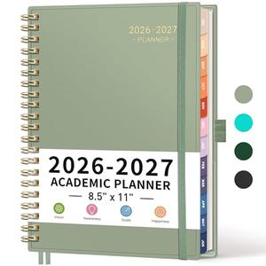 RETTACY Academic Planner 2026-2027, Weekly and Monthly, Large Size (8.5" x 11"), July 2026 - June 2027, for Women, Teacher, Student, School, 12-Month Tabs, Flexible Plastic Cover (Light Green)