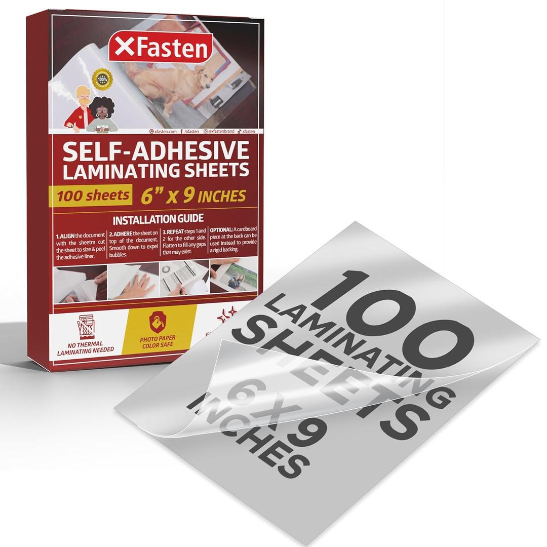 XFasten Self Adhesive Laminating Sheets, 6 X 9 Inches 100 Pack, 4.76 mil Yellowing Resistant Seal Sealing Laminating Sheets Bulk, Adhesive Laminate Sheets, No Heat Self Laminating Sheets, Clear Sheets