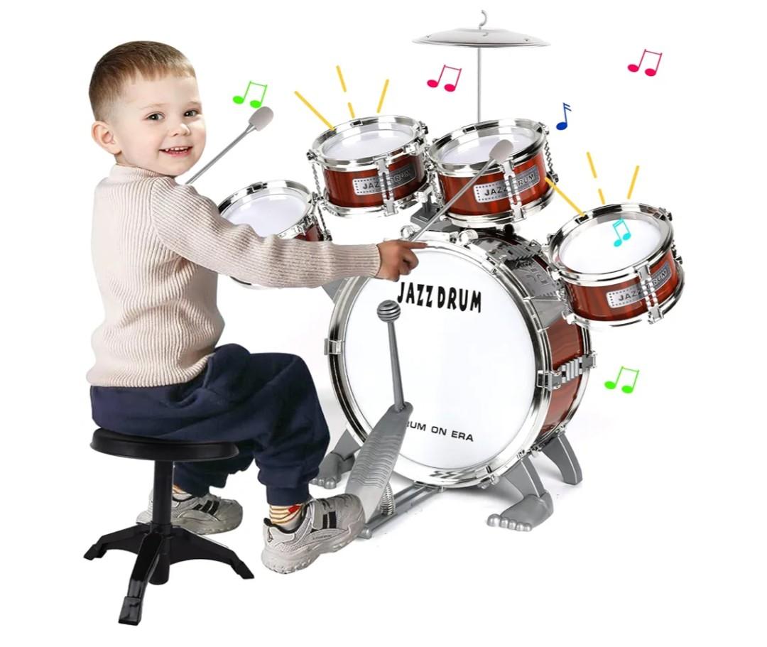 Kids Drum Set for Toddlers 1-3 3-5 - Musical Instruments Toys Drum Kit 9 Pcs with Stool, Birthday Musical Toys for Toddlers 3 4 5 Year Old Boys Girls