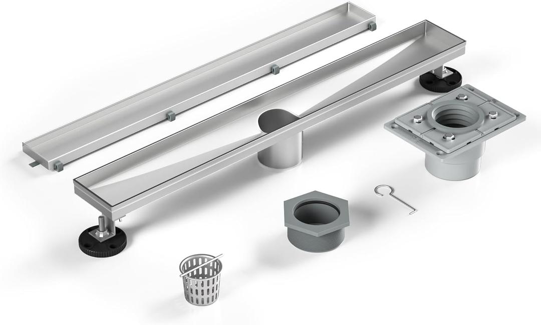 Linear Shower Drain 24" with PVC Drain Base | Brushed 304 Stainless Steel | Tile Inserted | Fast Drainage | Stainless Floor Drain Grate | Hair Strainer | Drain Key | Bathroom Upgrade