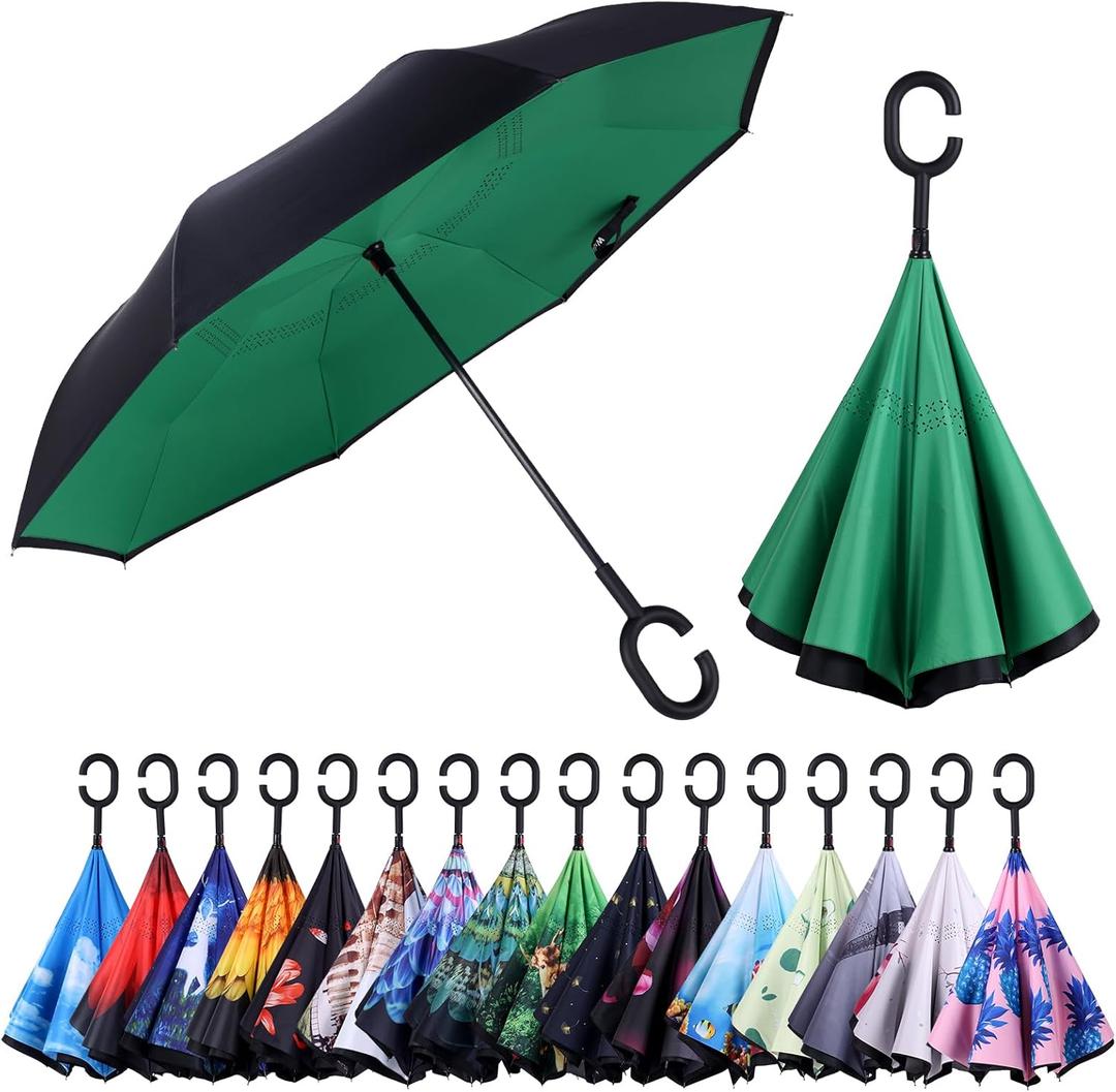 Inverted Reverse Umbrella with C-shaped Handle Windproof Upside Down Umbrellas for Rain Double Layer Hands Free Umbrella for Women and Men (Green)