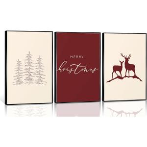 FJKLRP 3pcs Christmas Canvas Wall Art - Minimalist Deer Pictures Pine Trees Paintings & 'Merry Christmas' Quote Prints Poster, Festive Holiday Wall Decor for Living Room, Bedroom Unframed (12x16, Red and Off-white)