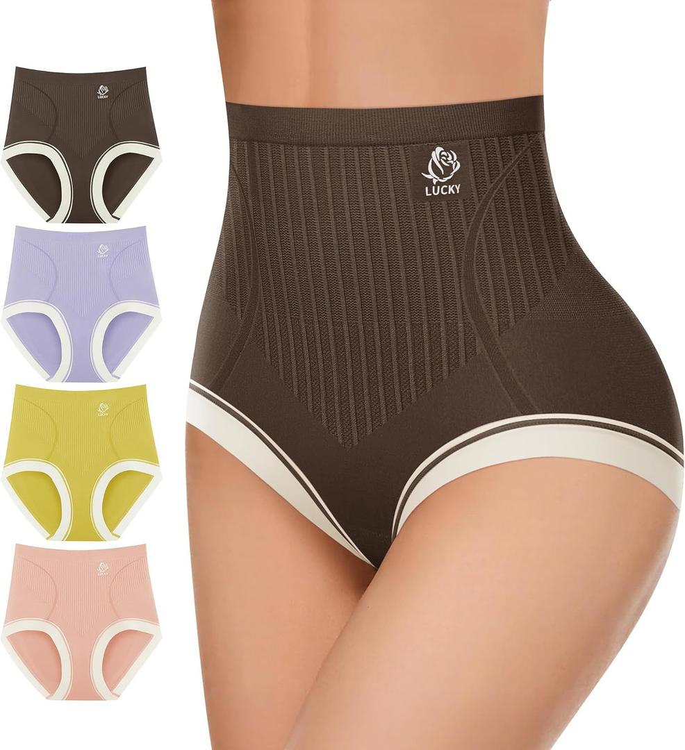 Women's High Waisted Underwear Tummy Control Ladies Panties Postpartum Briefs Breathable Full Coverage 4 Pack (X-Large, Brown,purple,pink,green)